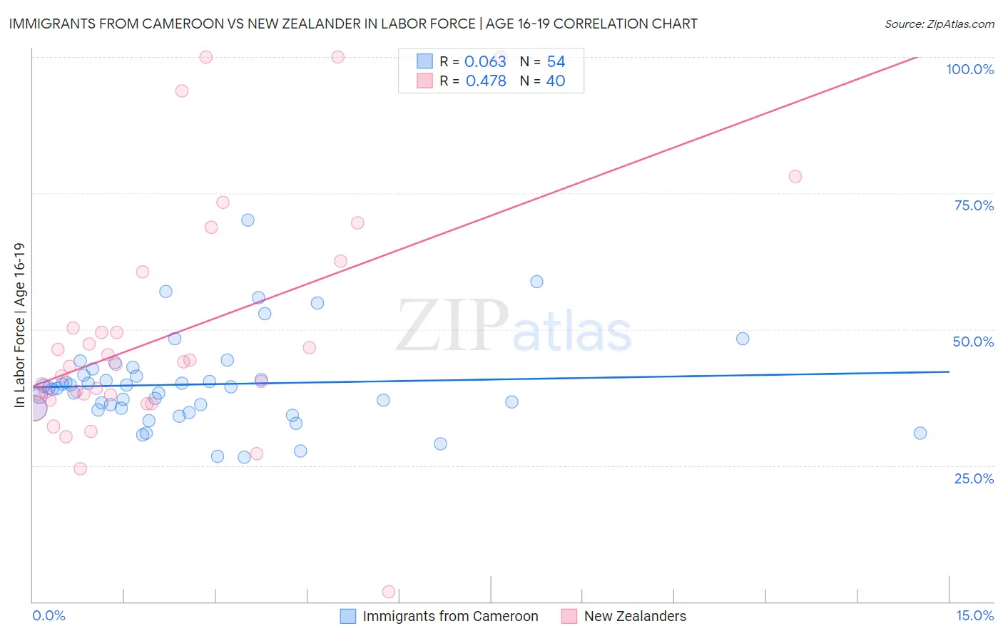 Immigrants from Cameroon vs New Zealander In Labor Force | Age 16-19