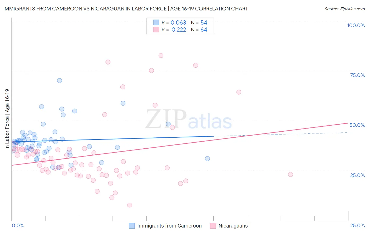 Immigrants from Cameroon vs Nicaraguan In Labor Force | Age 16-19