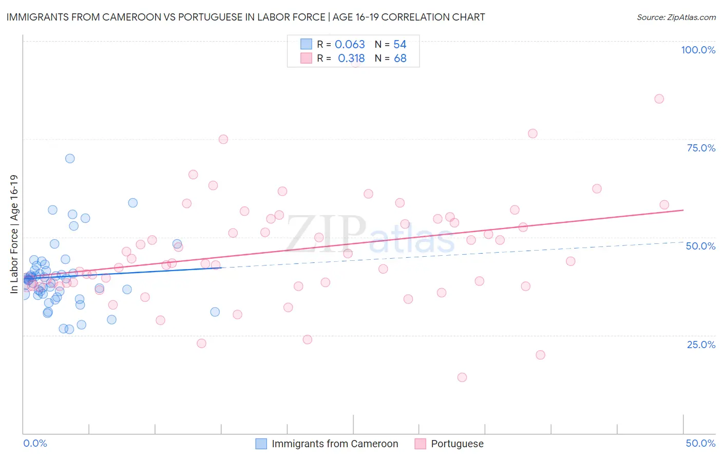 Immigrants from Cameroon vs Portuguese In Labor Force | Age 16-19