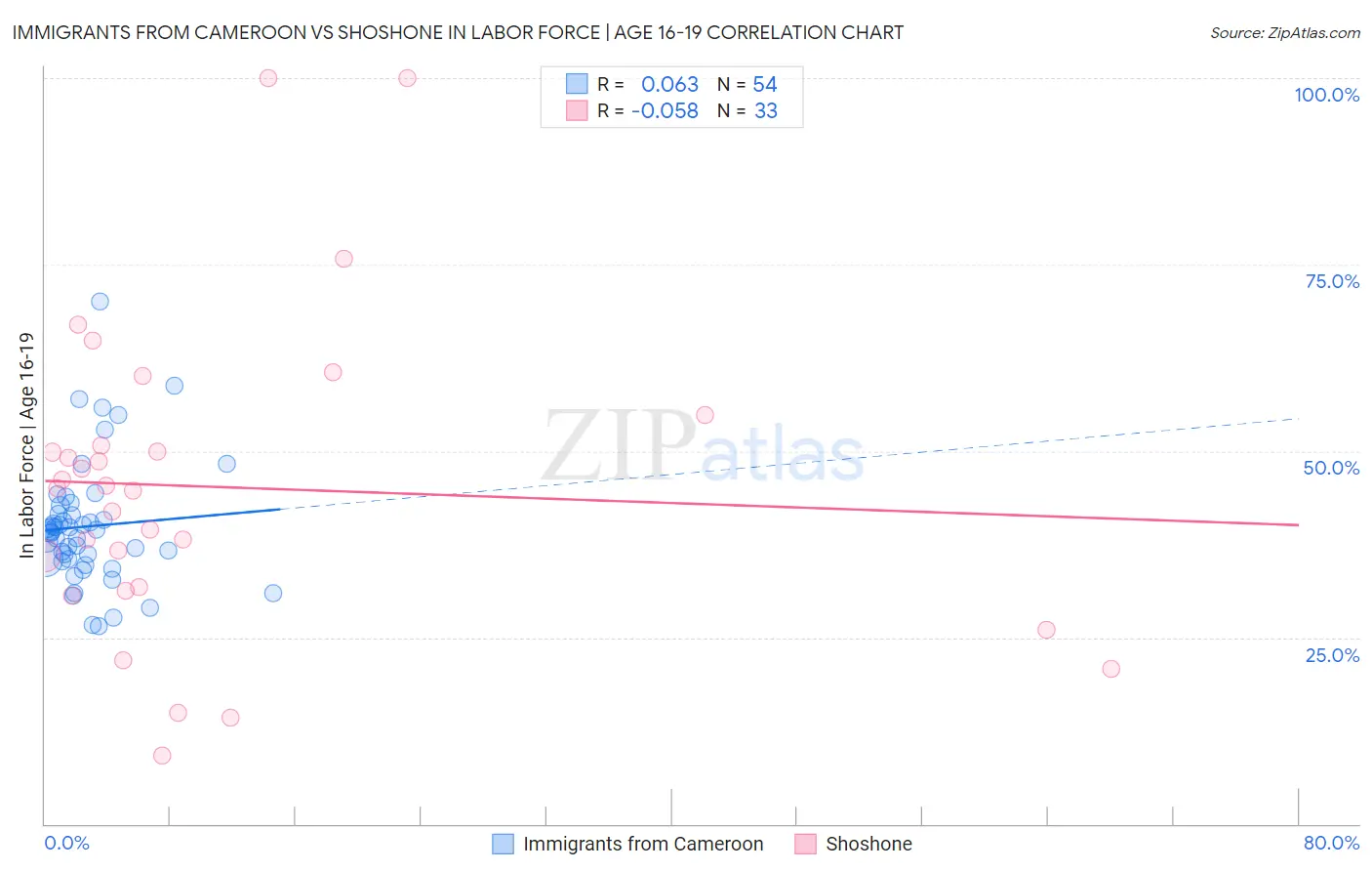 Immigrants from Cameroon vs Shoshone In Labor Force | Age 16-19