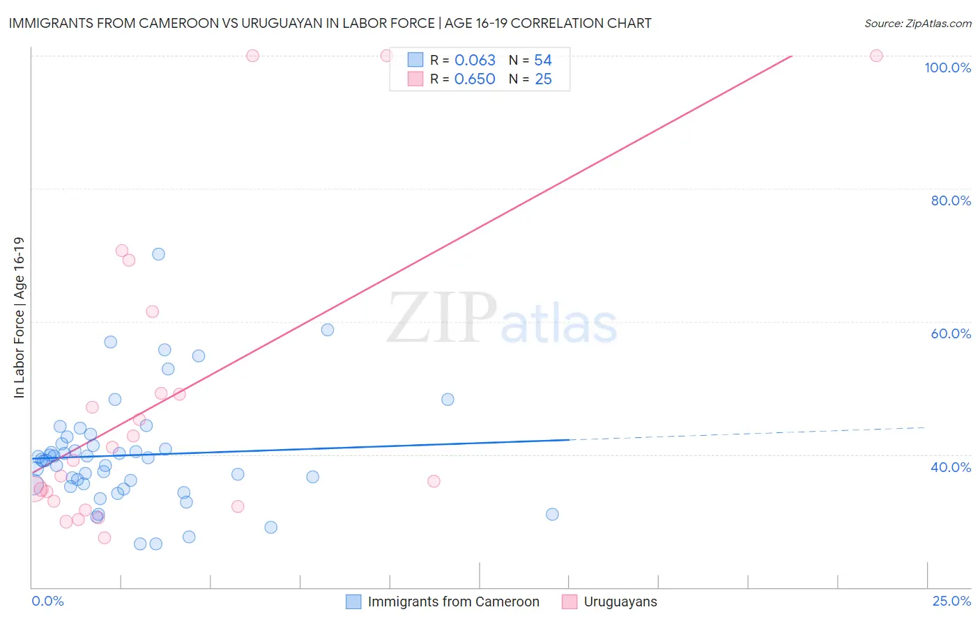 Immigrants from Cameroon vs Uruguayan In Labor Force | Age 16-19