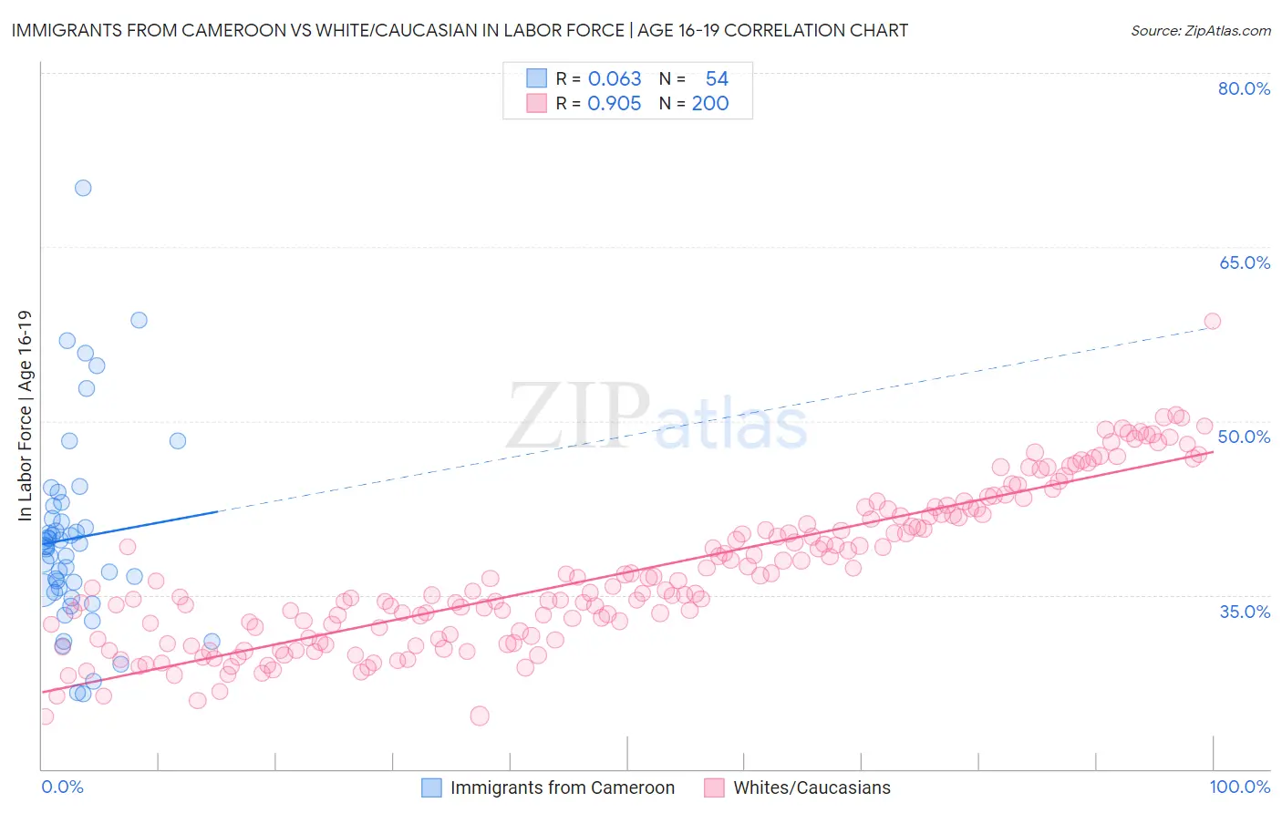 Immigrants from Cameroon vs White/Caucasian In Labor Force | Age 16-19