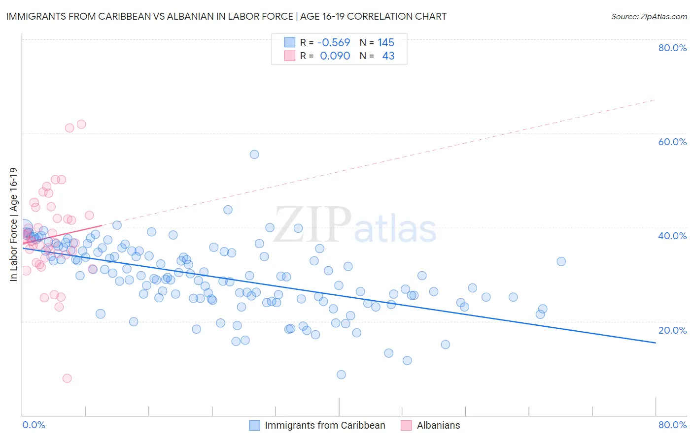 Immigrants from Caribbean vs Albanian In Labor Force | Age 16-19