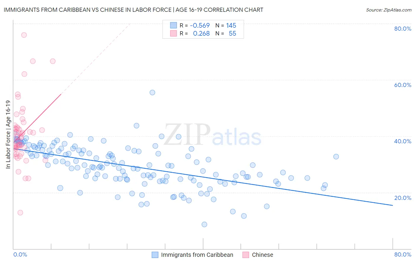 Immigrants from Caribbean vs Chinese In Labor Force | Age 16-19