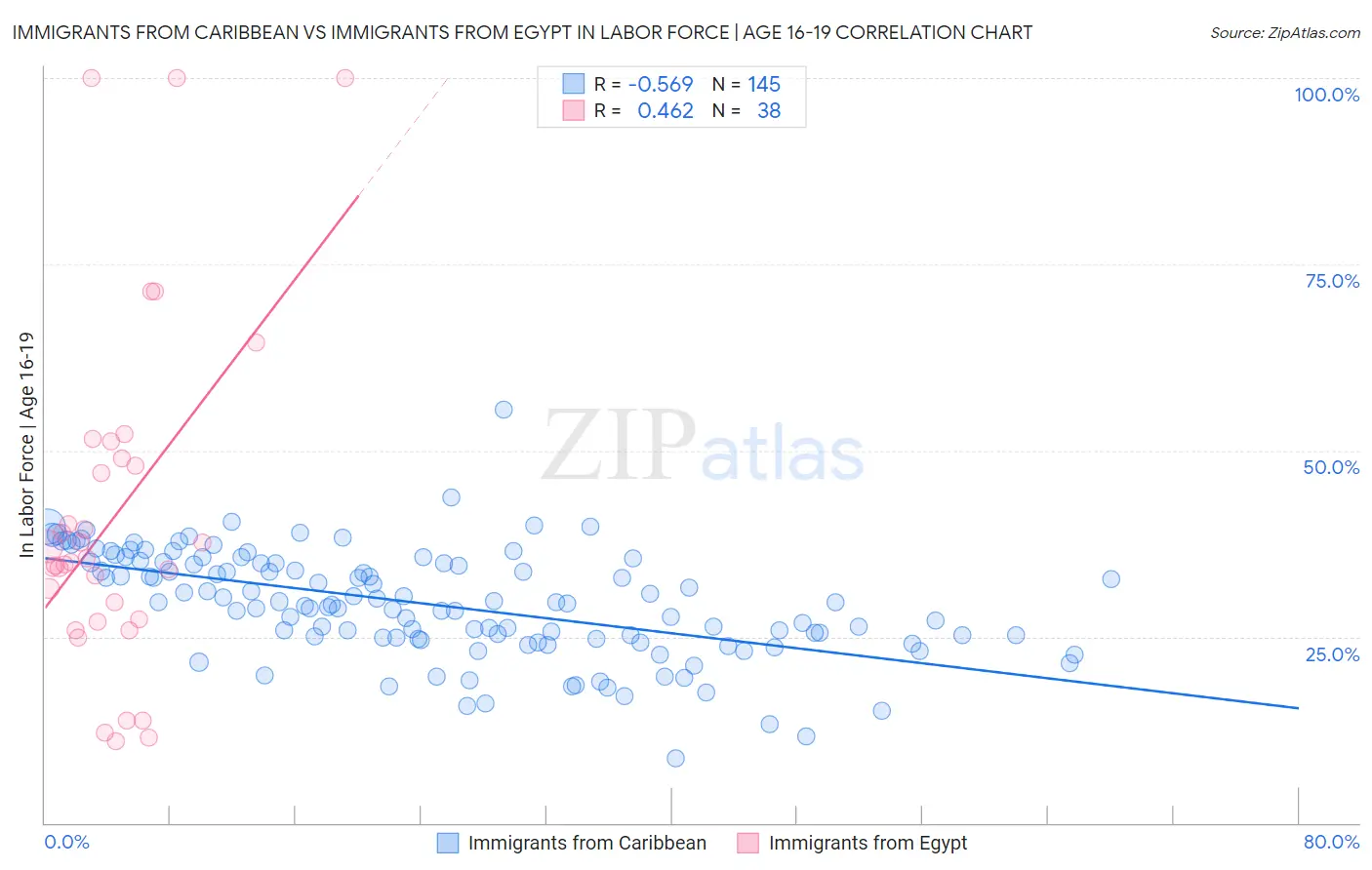 Immigrants from Caribbean vs Immigrants from Egypt In Labor Force | Age 16-19