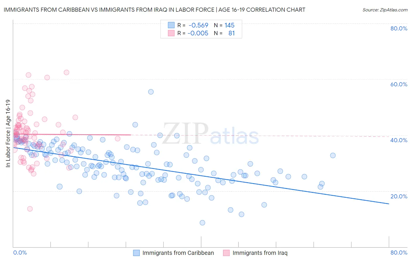 Immigrants from Caribbean vs Immigrants from Iraq In Labor Force | Age 16-19