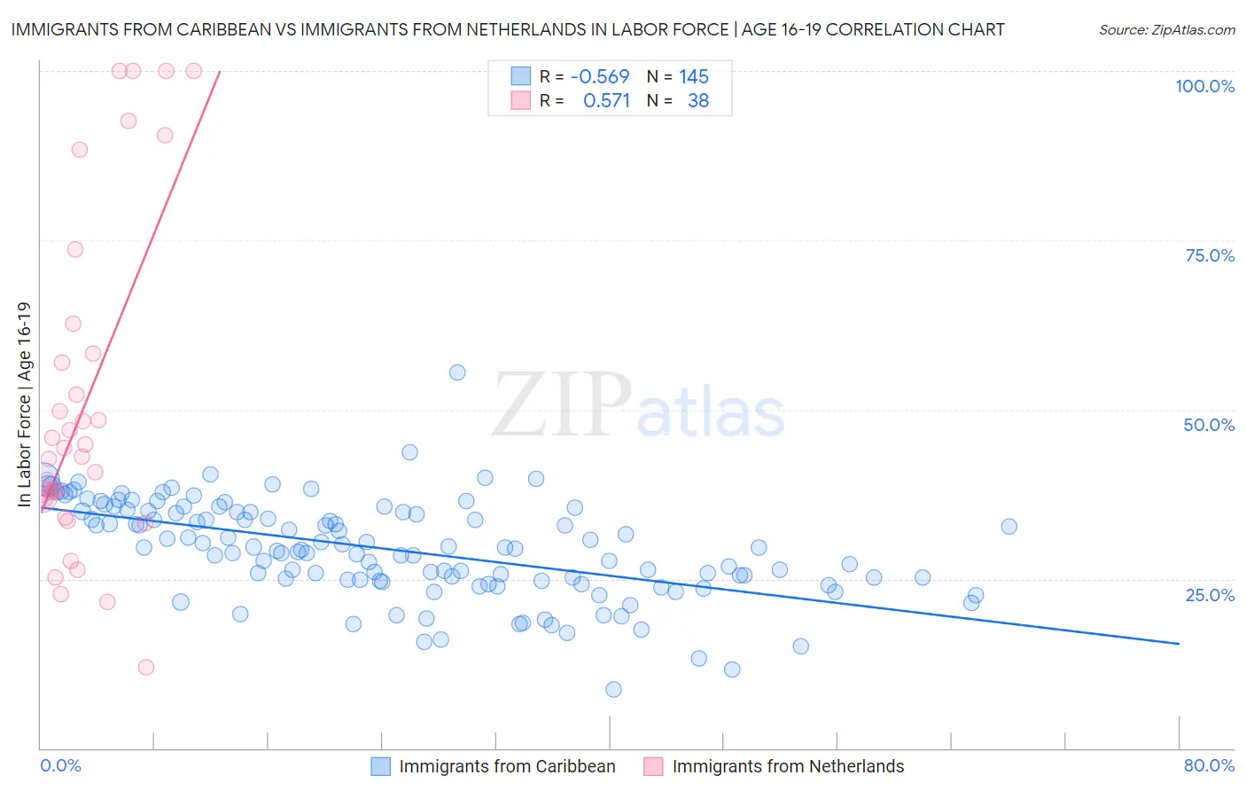 Immigrants from Caribbean vs Immigrants from Netherlands In Labor Force | Age 16-19