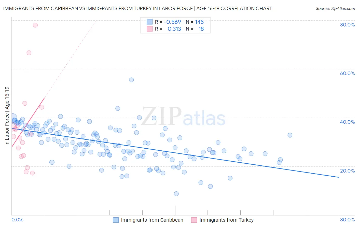 Immigrants from Caribbean vs Immigrants from Turkey In Labor Force | Age 16-19