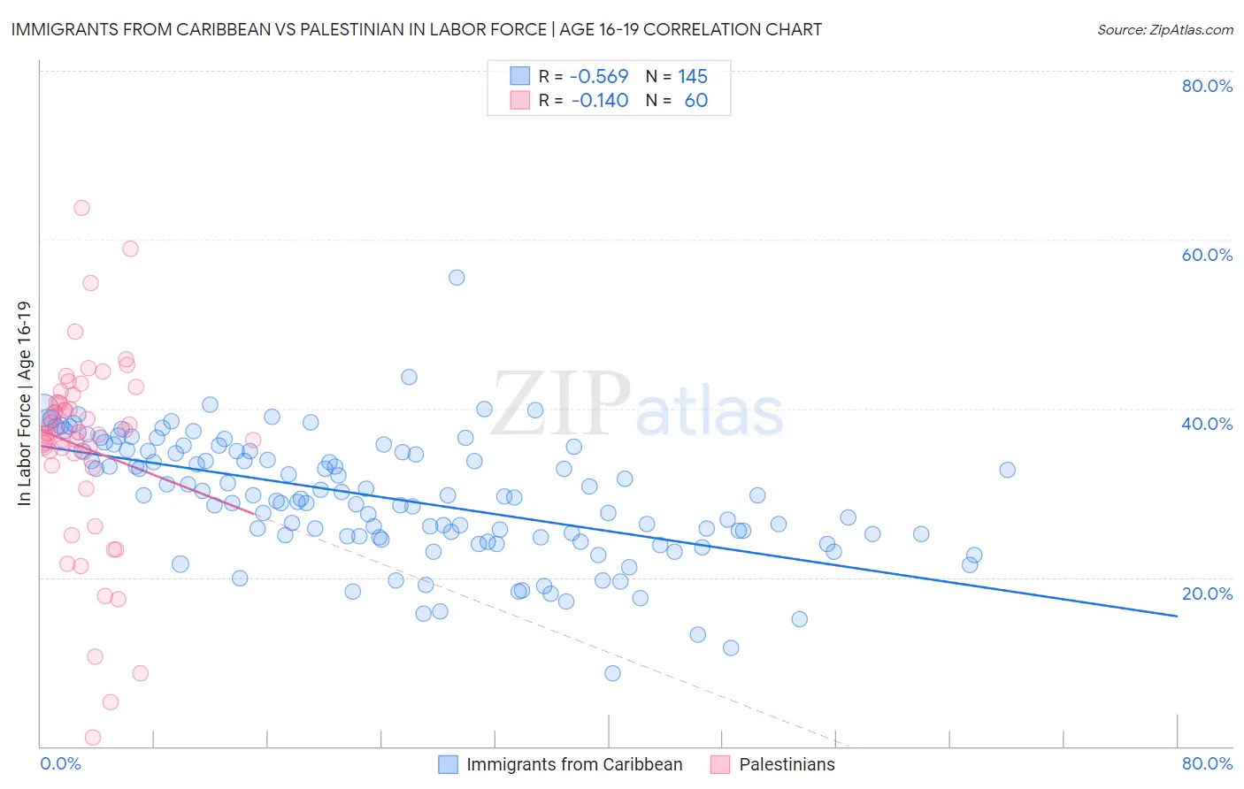 Immigrants from Caribbean vs Palestinian In Labor Force | Age 16-19