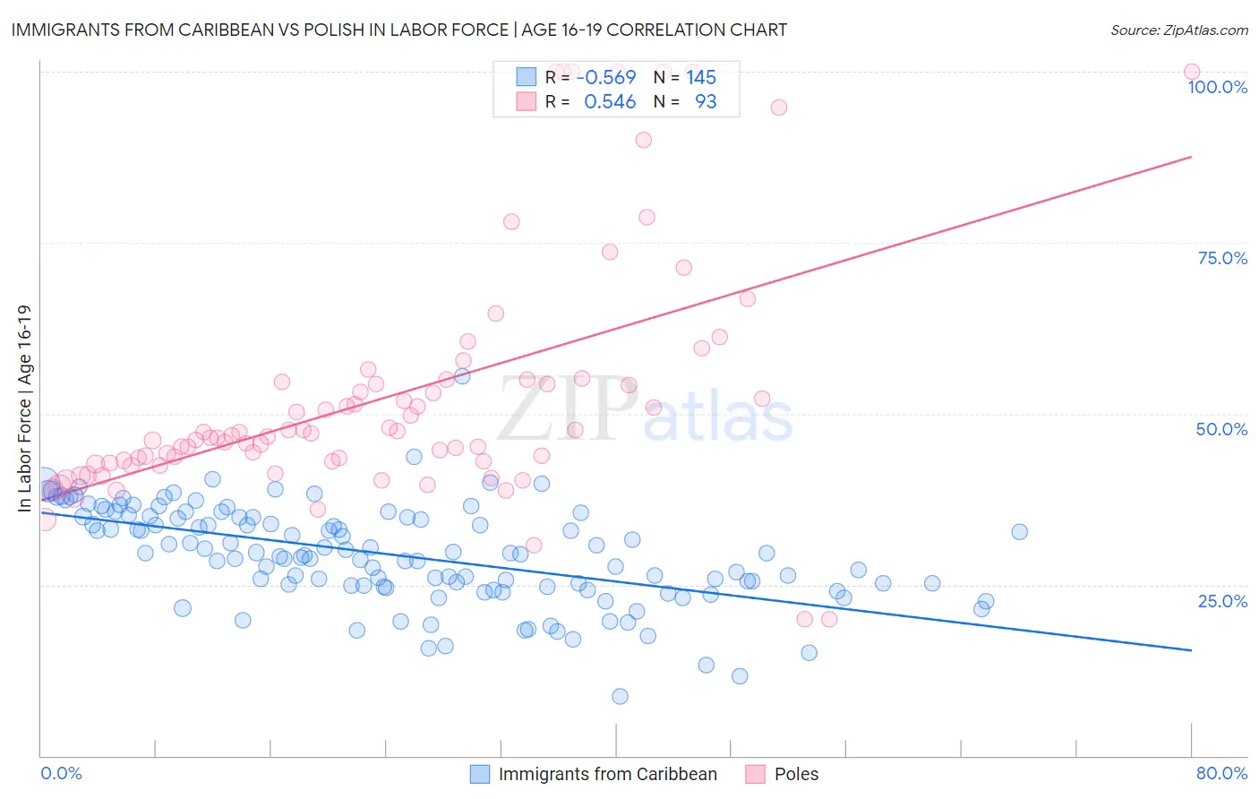 Immigrants from Caribbean vs Polish In Labor Force | Age 16-19