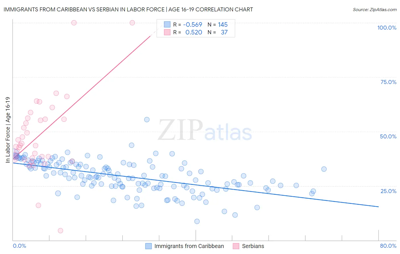 Immigrants from Caribbean vs Serbian In Labor Force | Age 16-19
