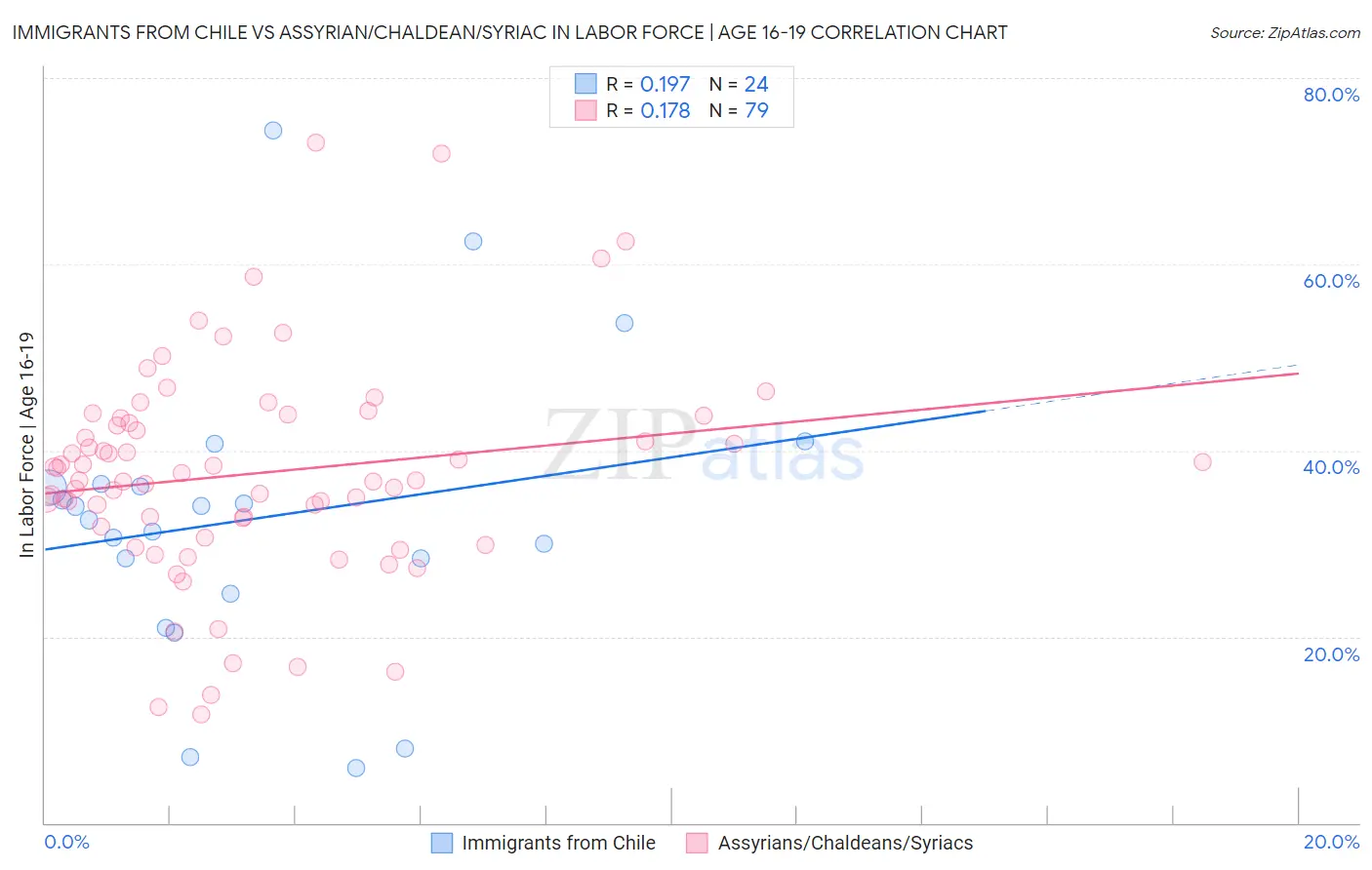 Immigrants from Chile vs Assyrian/Chaldean/Syriac In Labor Force | Age 16-19