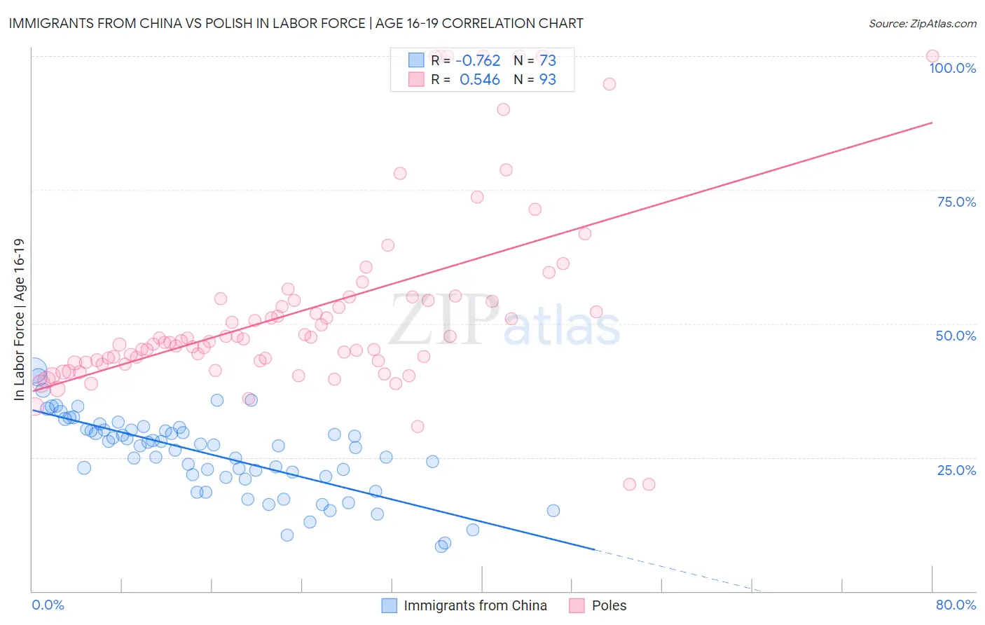 Immigrants from China vs Polish In Labor Force | Age 16-19