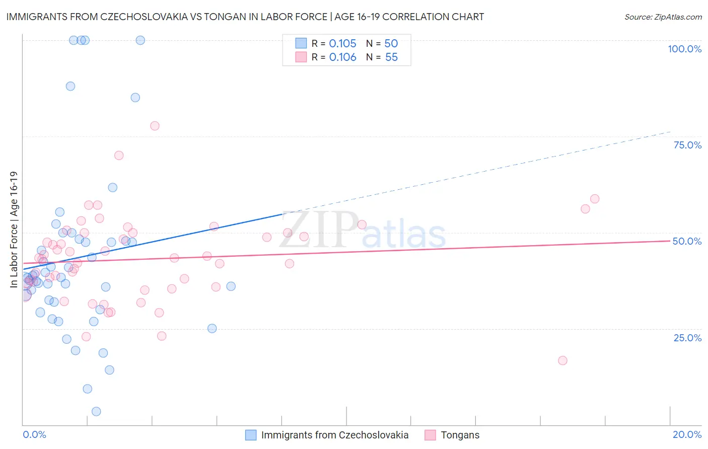Immigrants from Czechoslovakia vs Tongan In Labor Force | Age 16-19