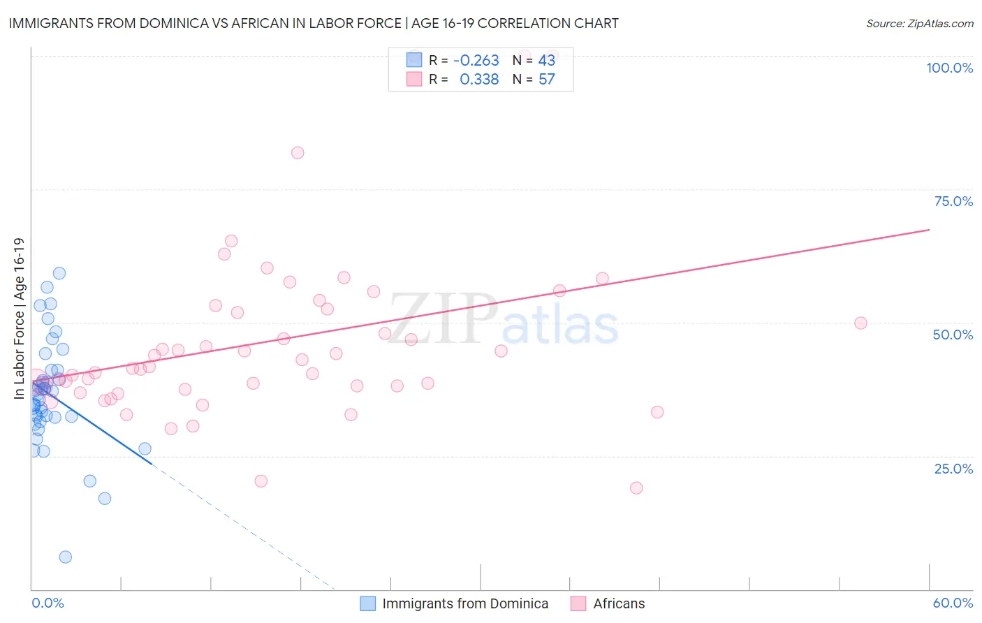 Immigrants from Dominica vs African In Labor Force | Age 16-19