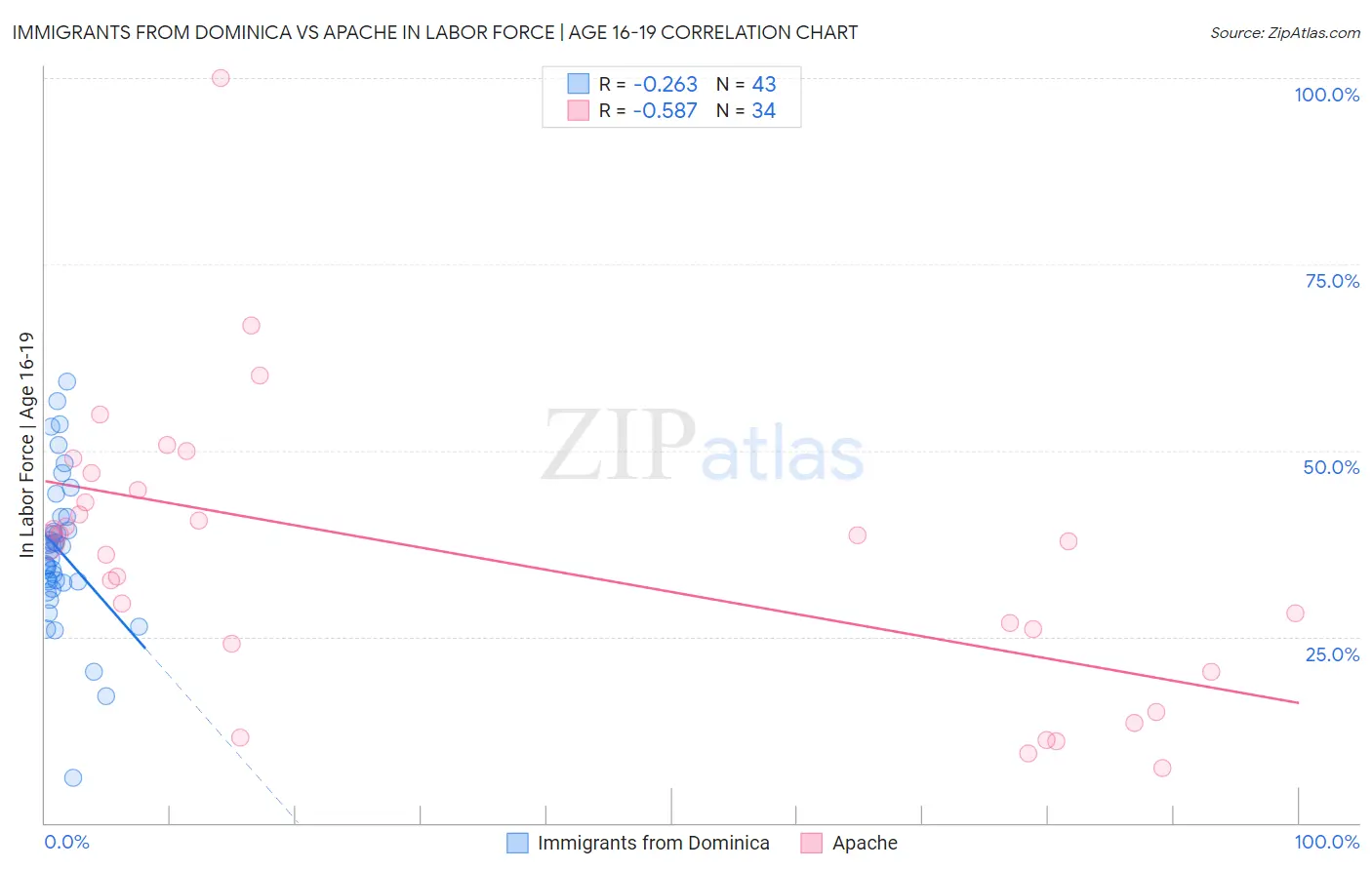 Immigrants from Dominica vs Apache In Labor Force | Age 16-19