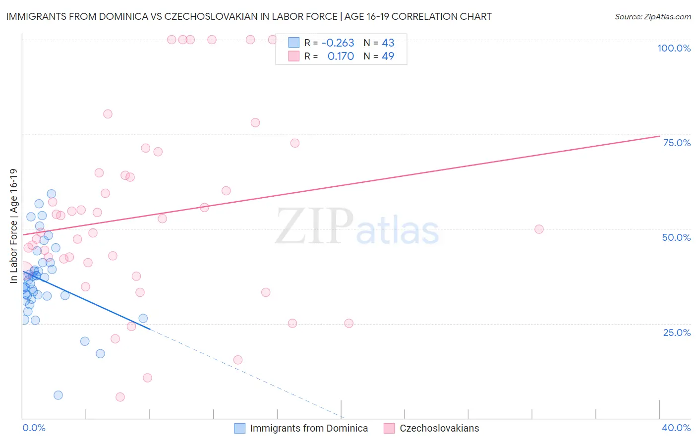 Immigrants from Dominica vs Czechoslovakian In Labor Force | Age 16-19
