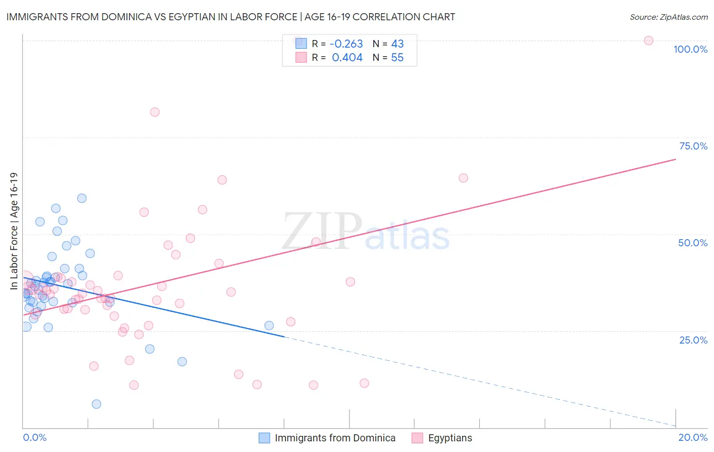 Immigrants from Dominica vs Egyptian In Labor Force | Age 16-19