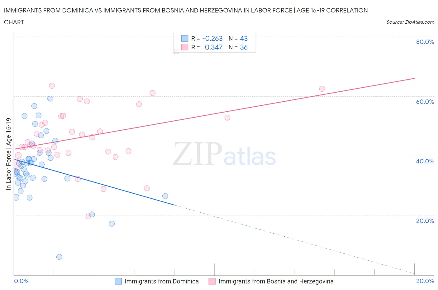Immigrants from Dominica vs Immigrants from Bosnia and Herzegovina In Labor Force | Age 16-19