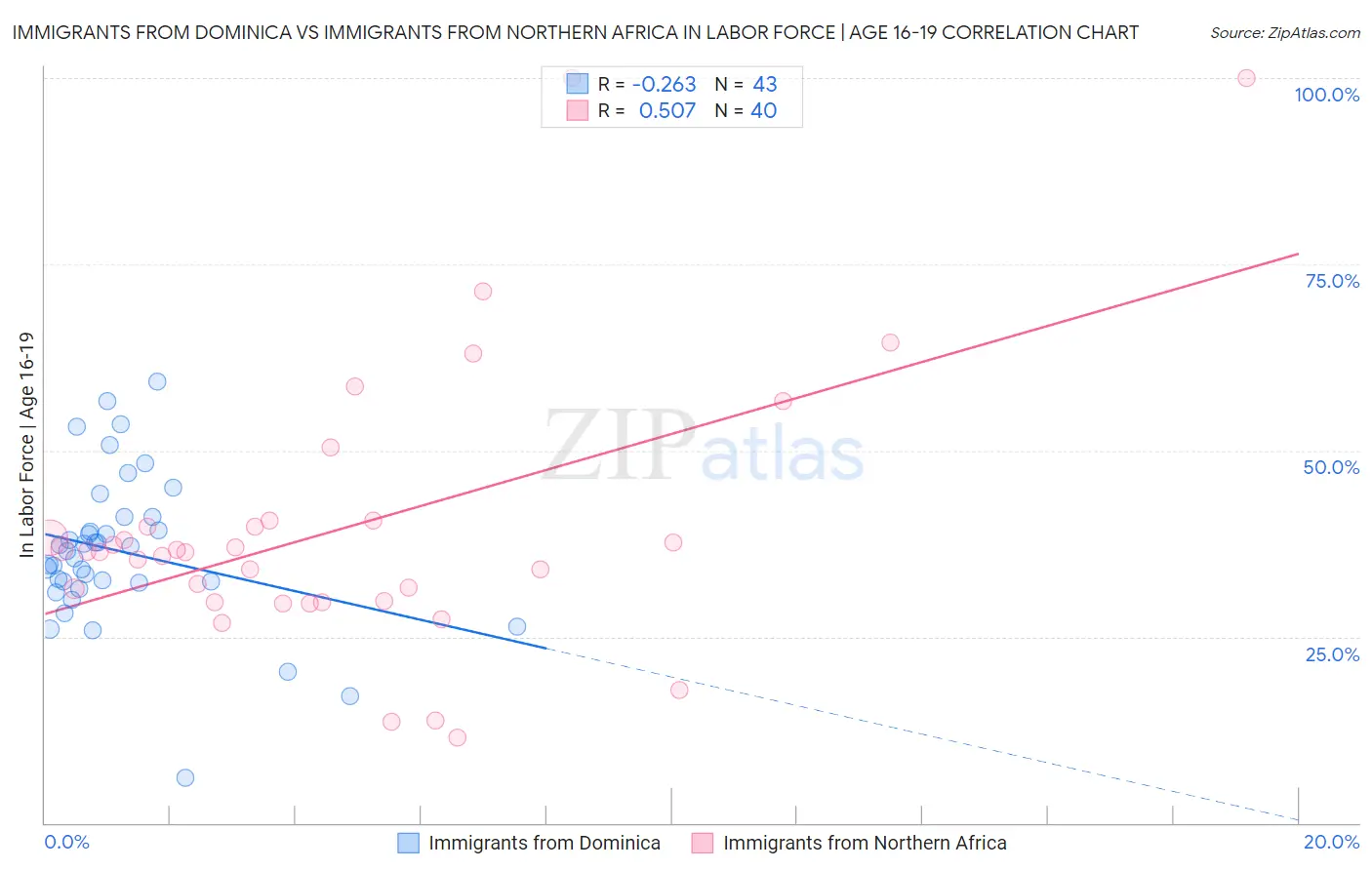 Immigrants from Dominica vs Immigrants from Northern Africa In Labor Force | Age 16-19