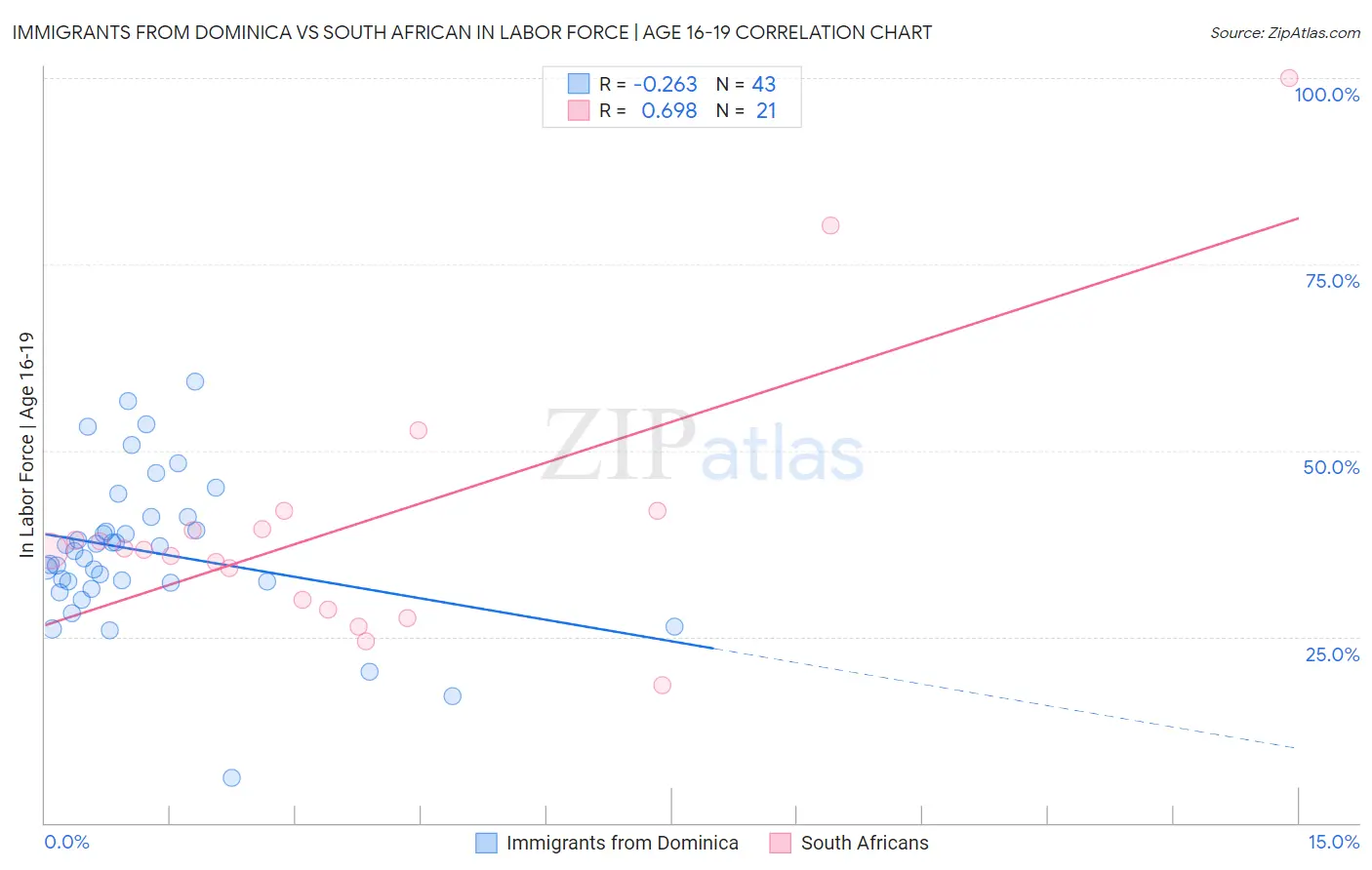 Immigrants from Dominica vs South African In Labor Force | Age 16-19