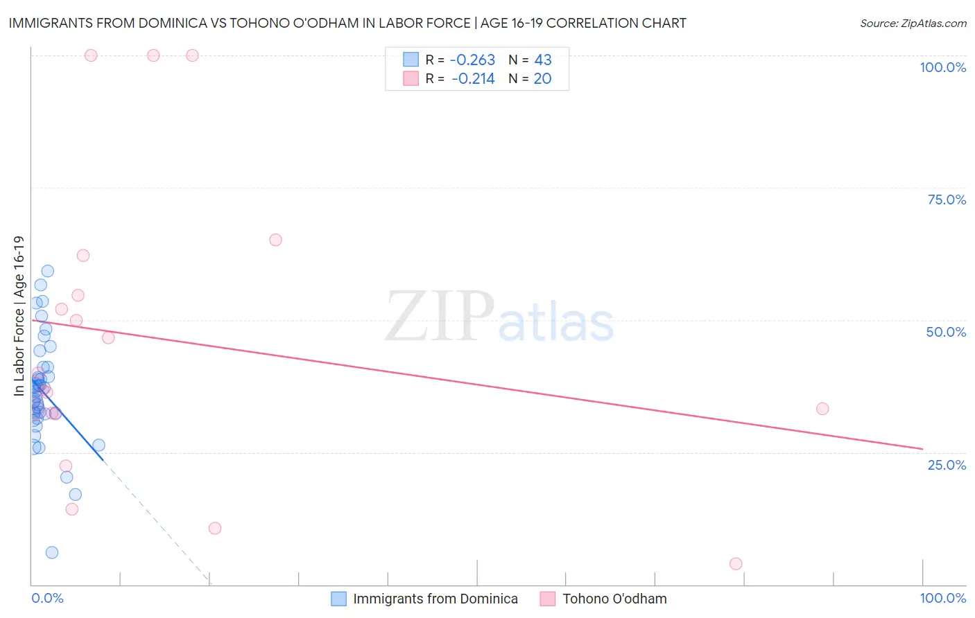 Immigrants from Dominica vs Tohono O'odham In Labor Force | Age 16-19