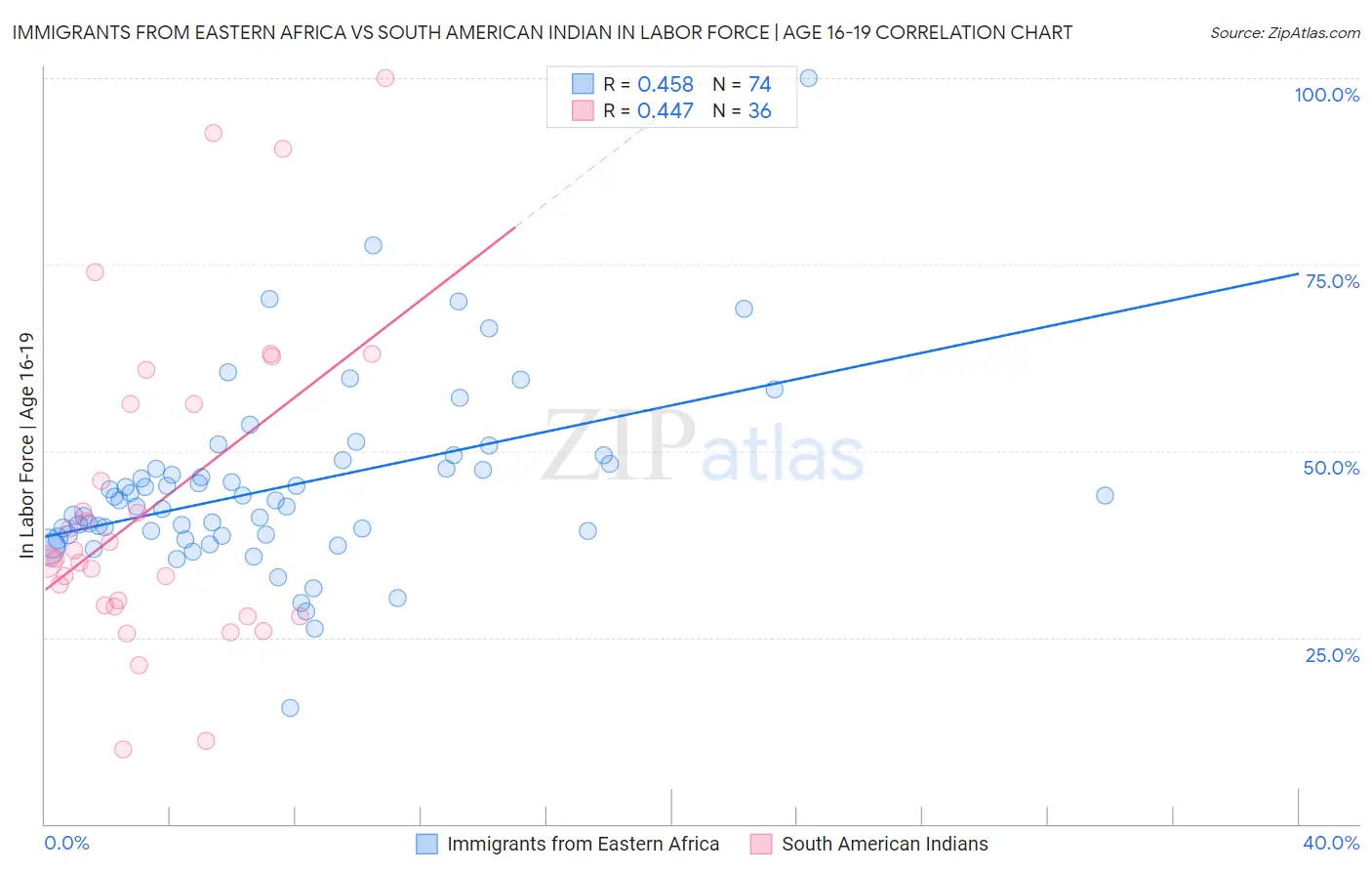 Immigrants from Eastern Africa vs South American Indian In Labor Force | Age 16-19