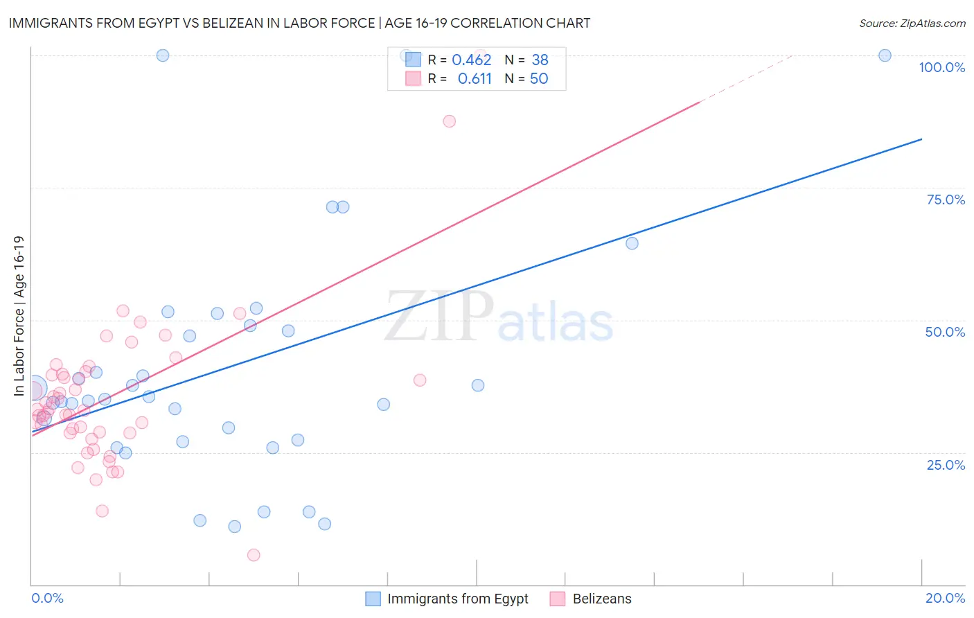 Immigrants from Egypt vs Belizean In Labor Force | Age 16-19