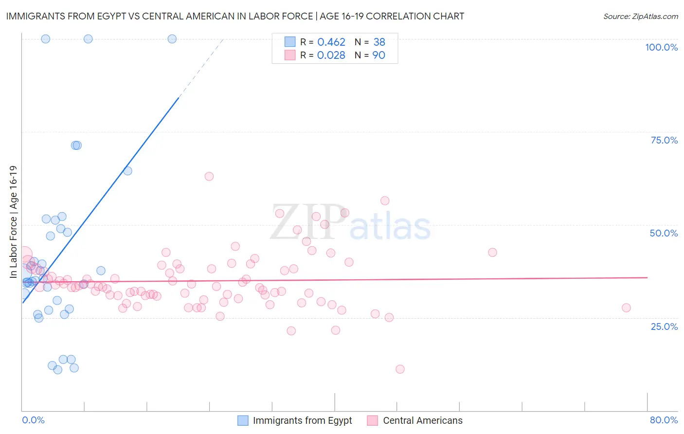Immigrants from Egypt vs Central American In Labor Force | Age 16-19