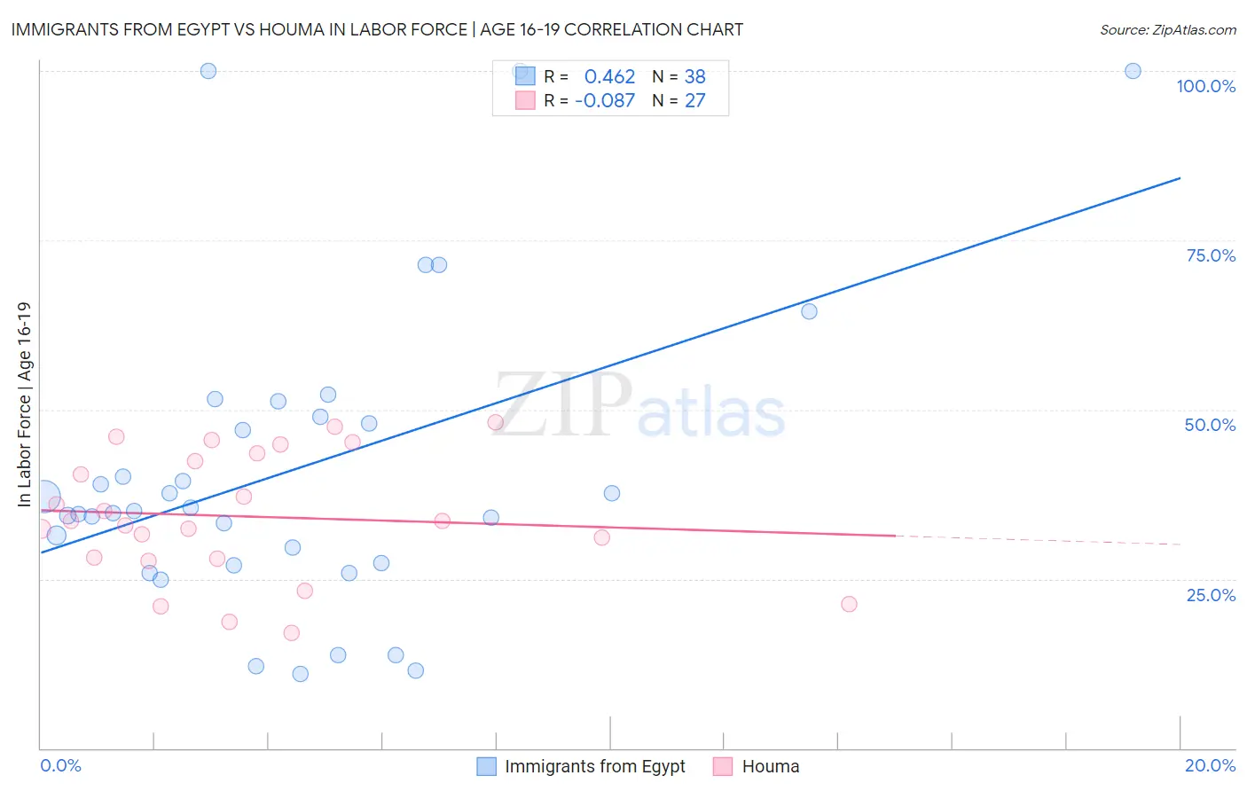 Immigrants from Egypt vs Houma In Labor Force | Age 16-19