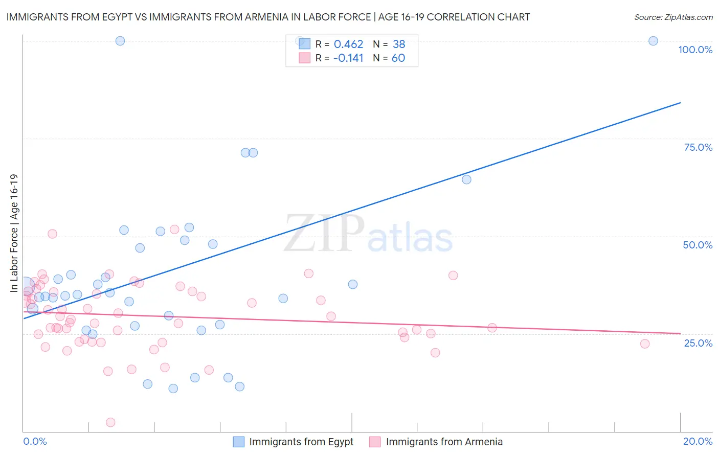 Immigrants from Egypt vs Immigrants from Armenia In Labor Force | Age 16-19
