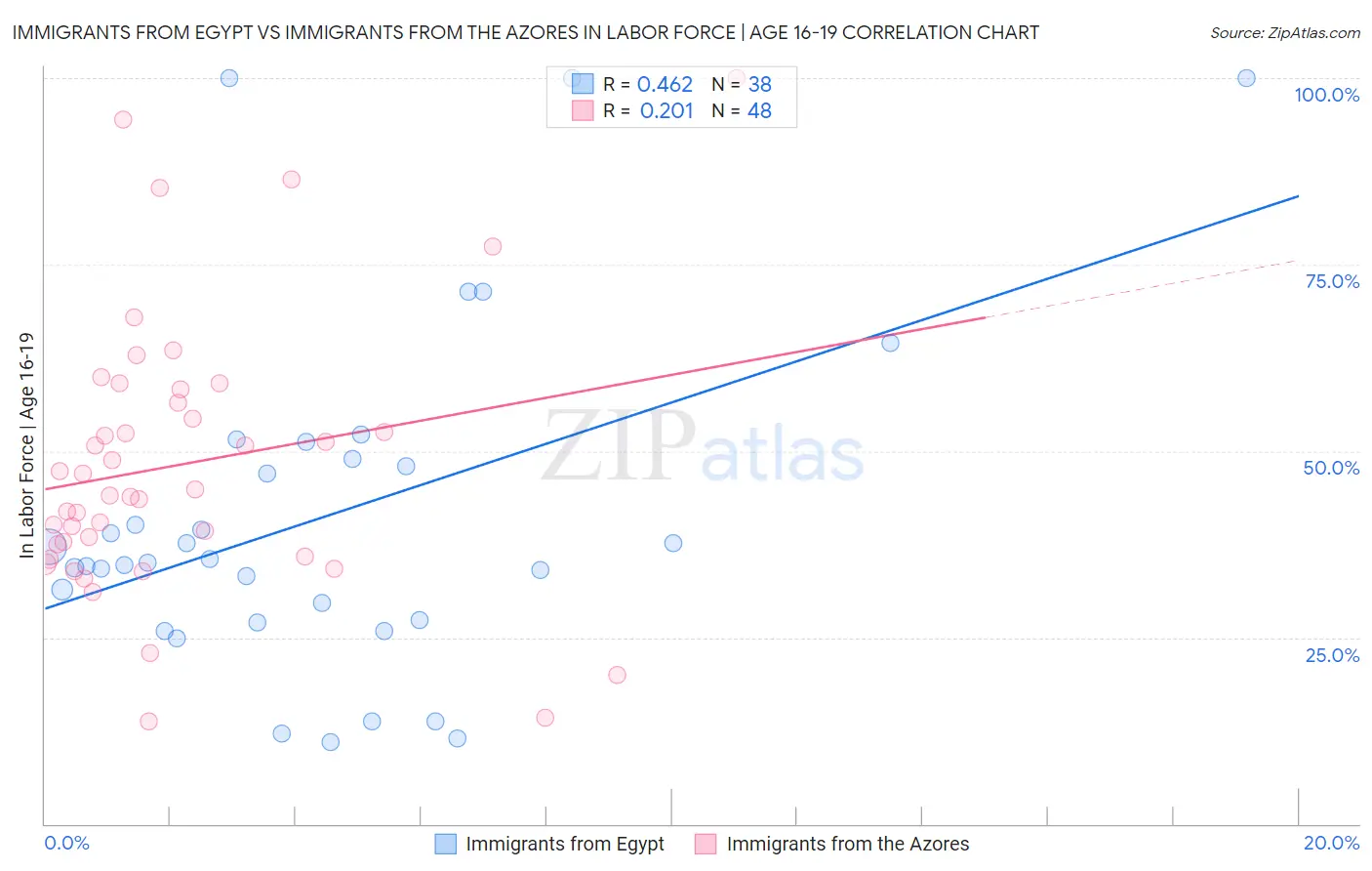 Immigrants from Egypt vs Immigrants from the Azores In Labor Force | Age 16-19
