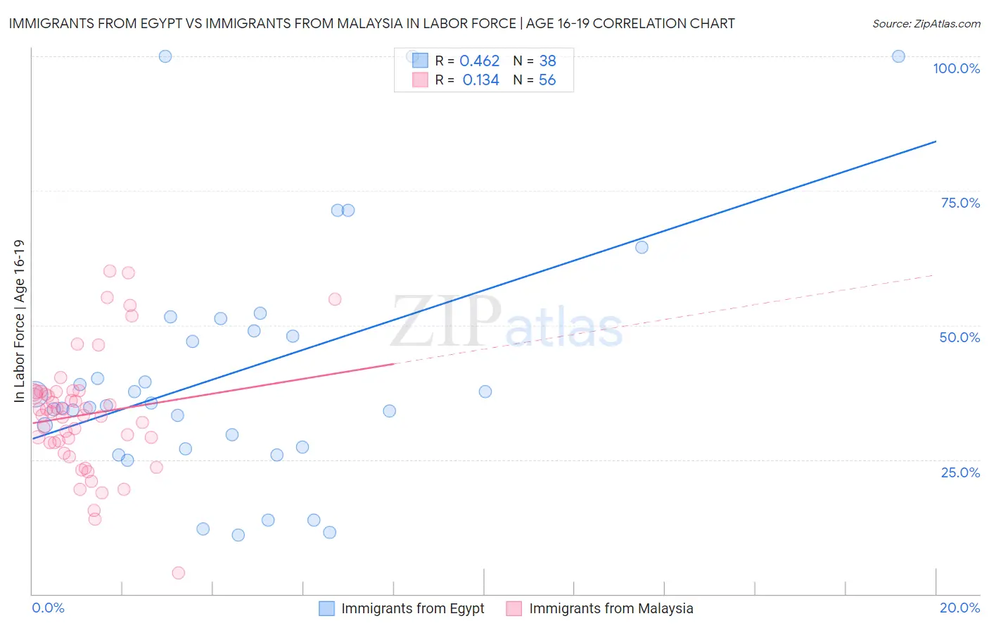 Immigrants from Egypt vs Immigrants from Malaysia In Labor Force | Age 16-19
