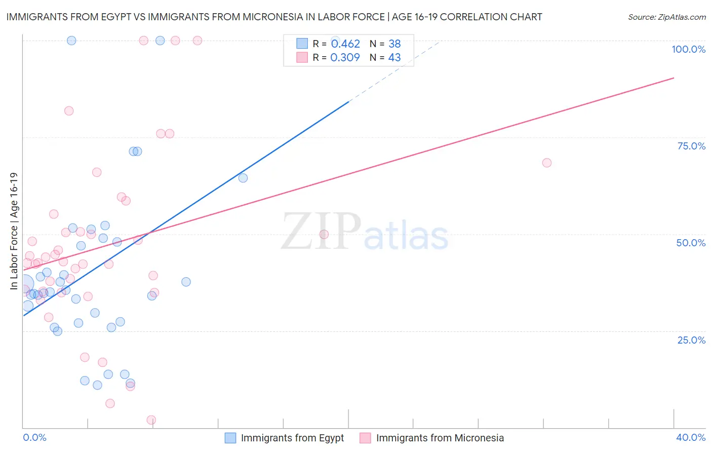 Immigrants from Egypt vs Immigrants from Micronesia In Labor Force | Age 16-19