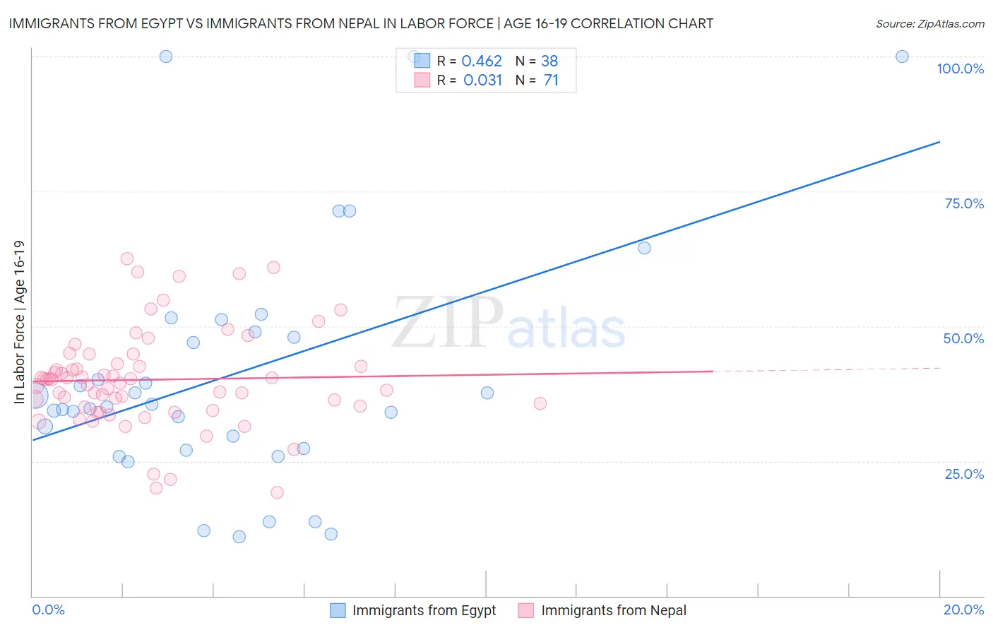 Immigrants from Egypt vs Immigrants from Nepal In Labor Force | Age 16-19