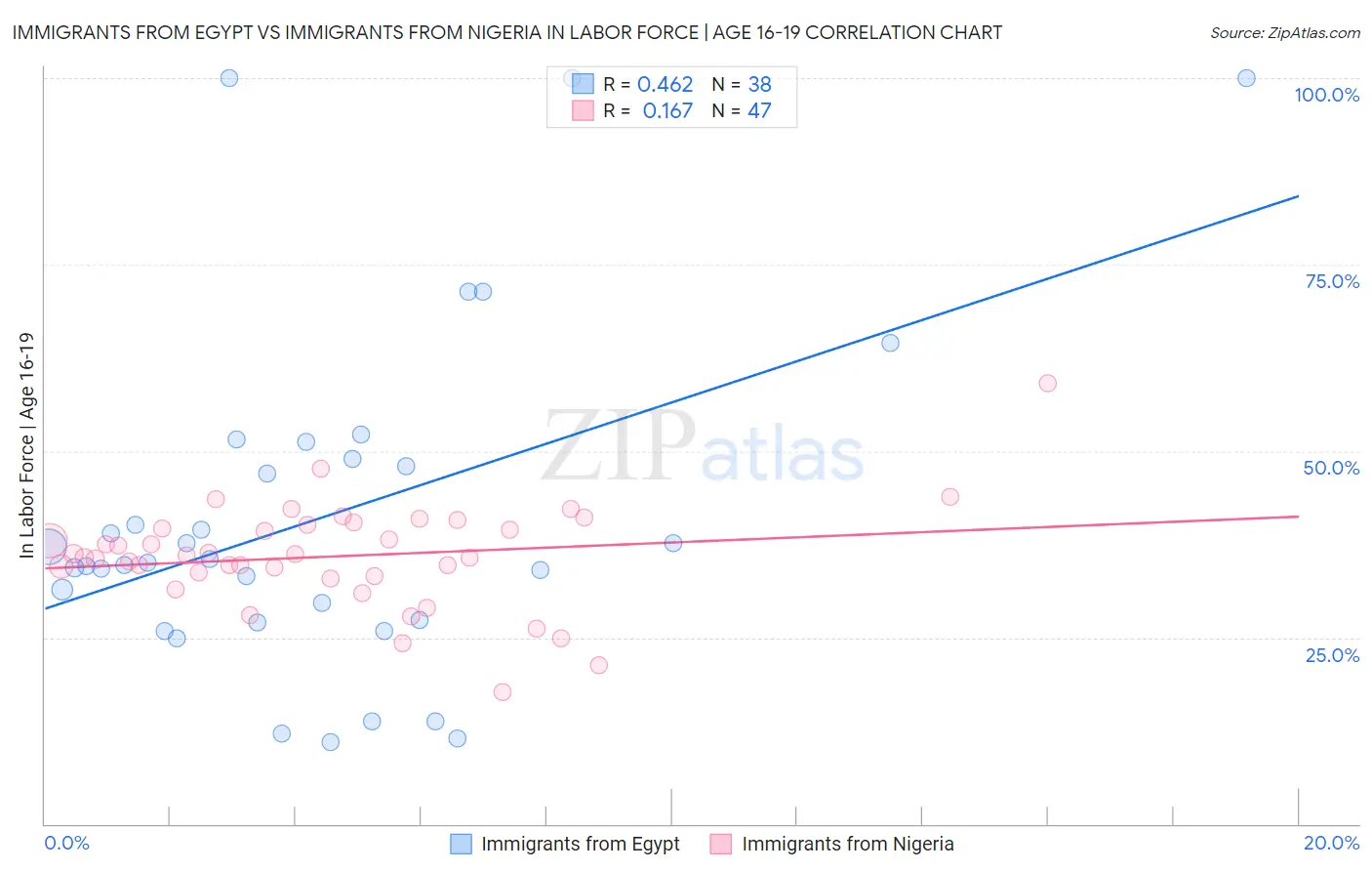 Immigrants from Egypt vs Immigrants from Nigeria In Labor Force | Age 16-19