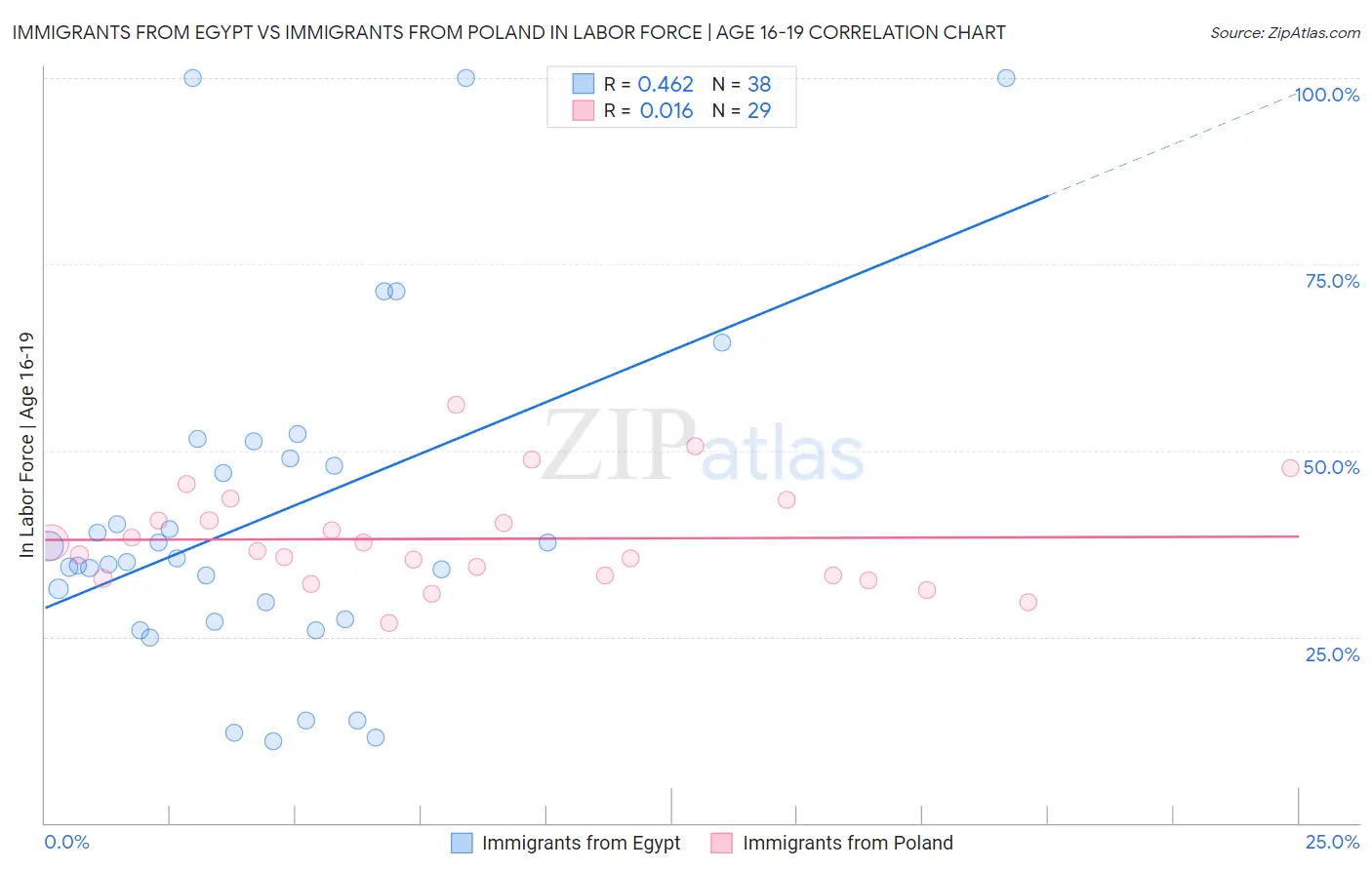 Immigrants from Egypt vs Immigrants from Poland In Labor Force | Age 16-19