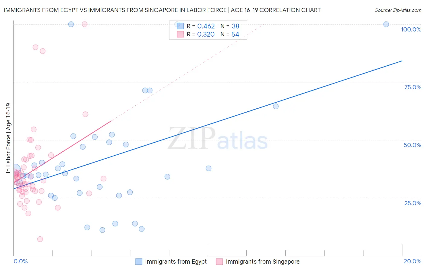 Immigrants from Egypt vs Immigrants from Singapore In Labor Force | Age 16-19