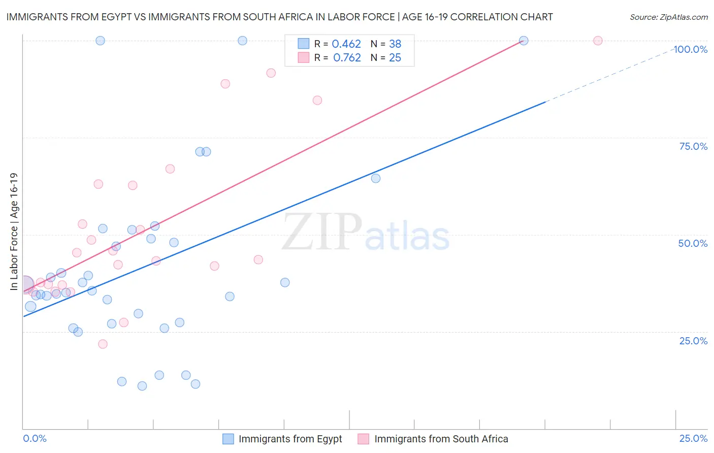 Immigrants from Egypt vs Immigrants from South Africa In Labor Force | Age 16-19