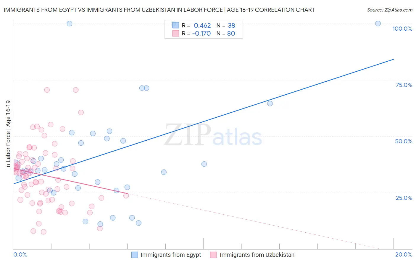 Immigrants from Egypt vs Immigrants from Uzbekistan In Labor Force | Age 16-19