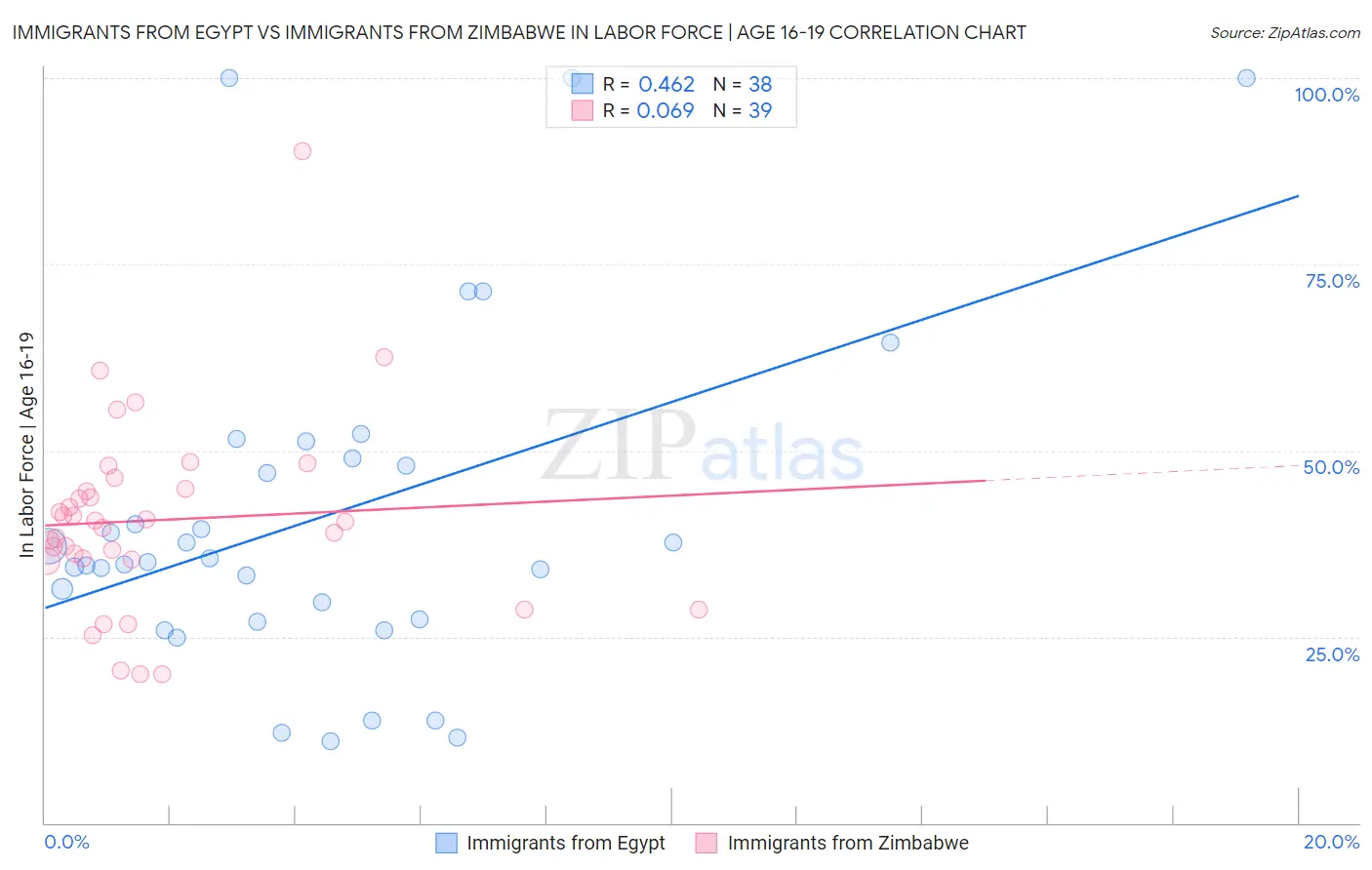 Immigrants from Egypt vs Immigrants from Zimbabwe In Labor Force | Age 16-19