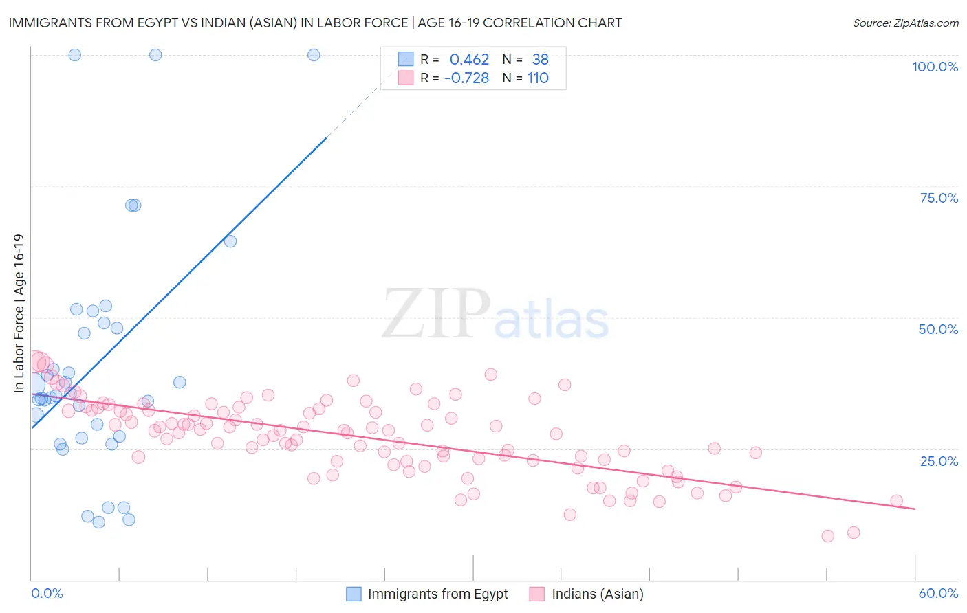 Immigrants from Egypt vs Indian (Asian) In Labor Force | Age 16-19