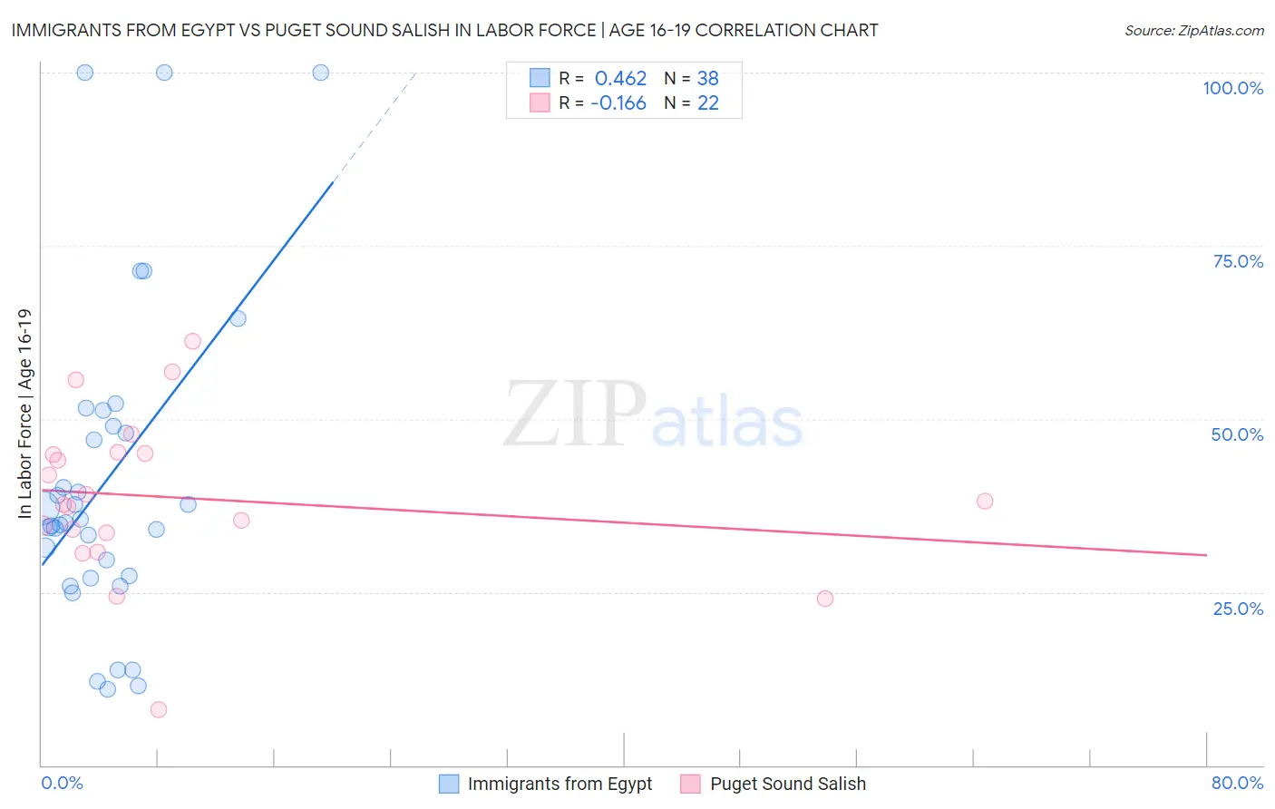 Immigrants from Egypt vs Puget Sound Salish In Labor Force | Age 16-19