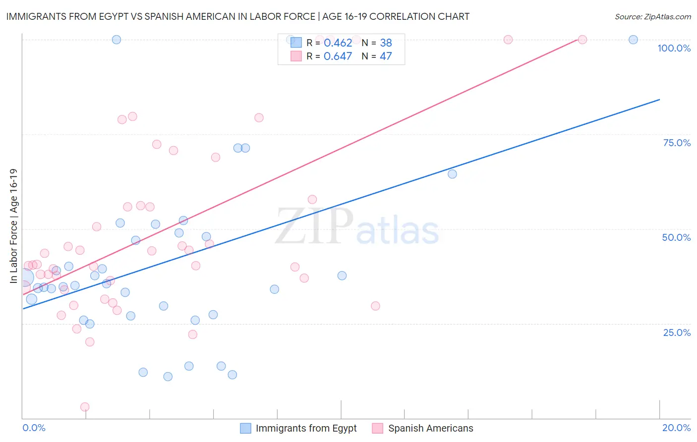 Immigrants from Egypt vs Spanish American In Labor Force | Age 16-19