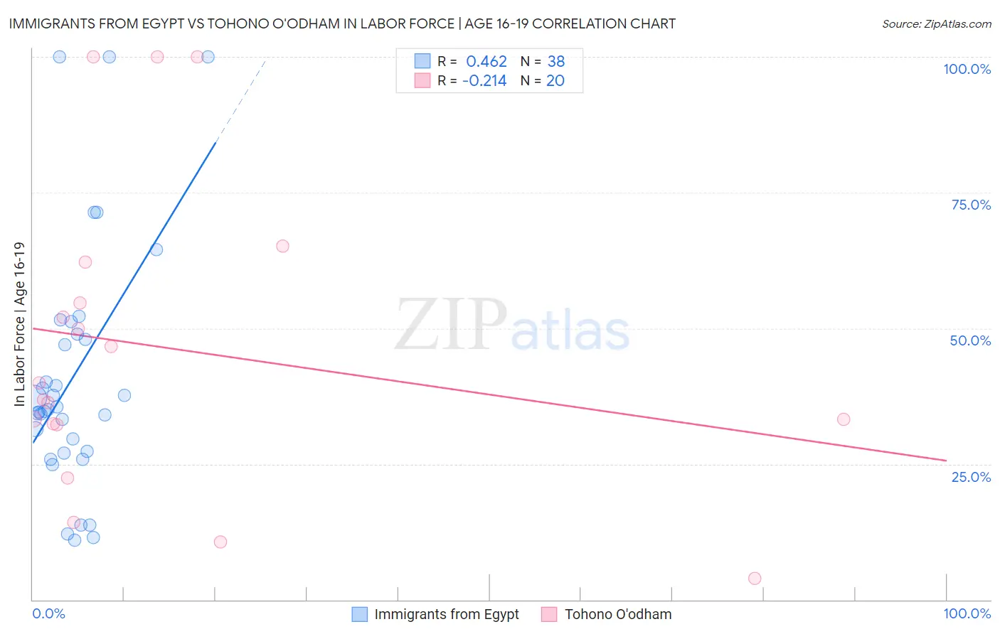 Immigrants from Egypt vs Tohono O'odham In Labor Force | Age 16-19