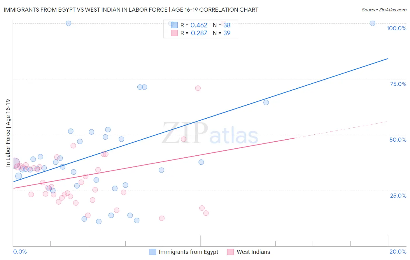 Immigrants from Egypt vs West Indian In Labor Force | Age 16-19