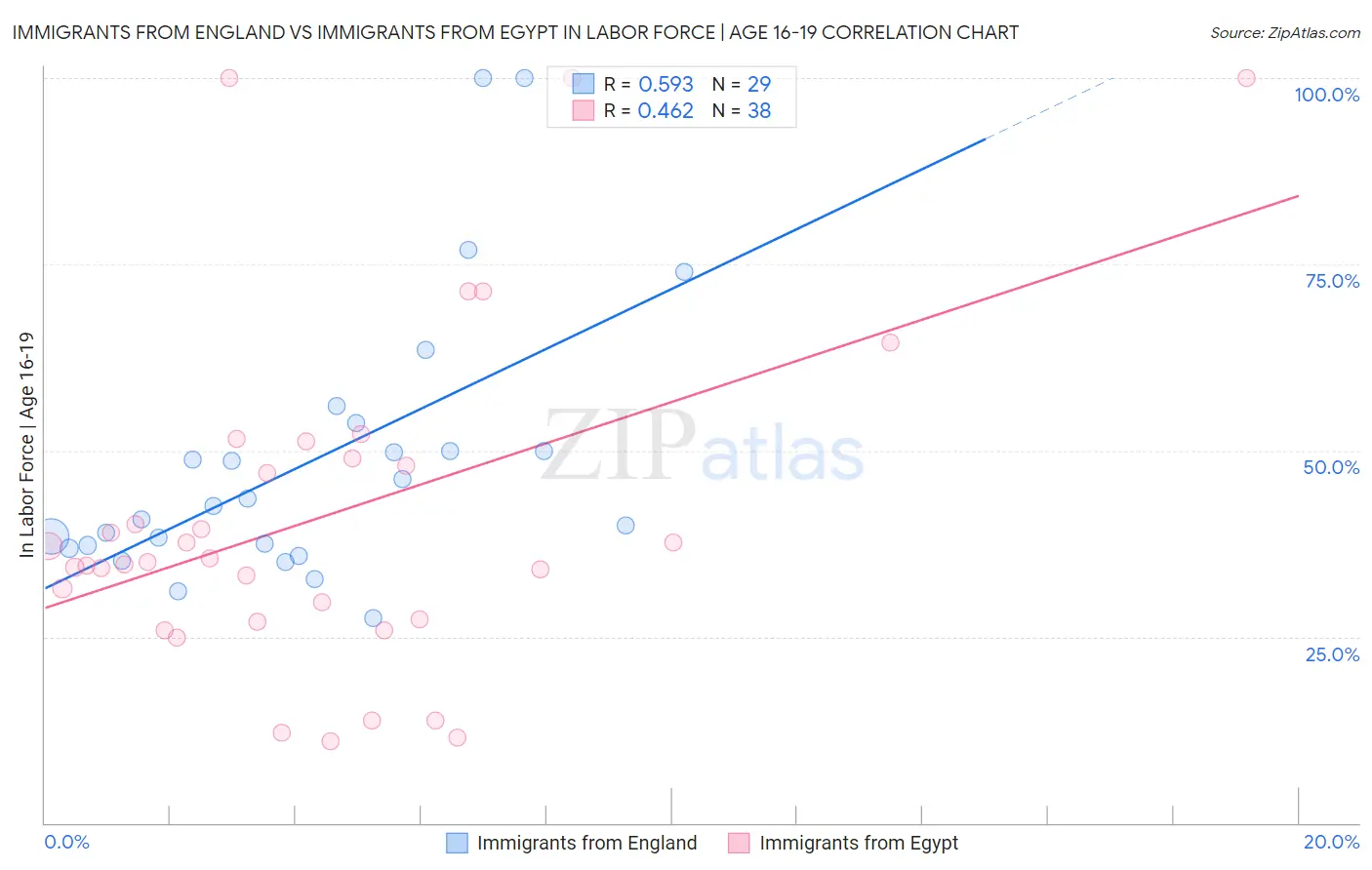 Immigrants from England vs Immigrants from Egypt In Labor Force | Age 16-19