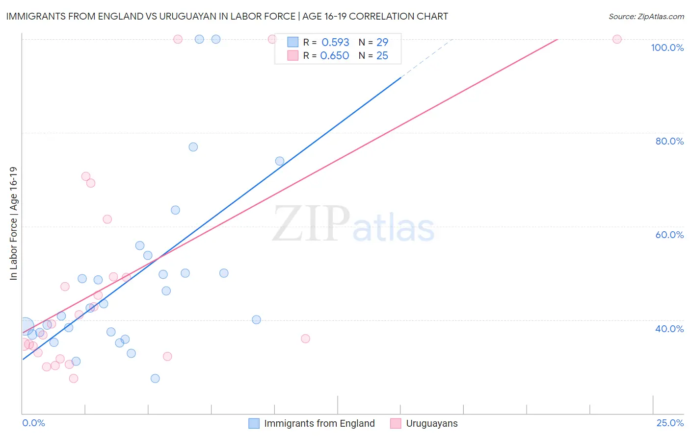 Immigrants from England vs Uruguayan In Labor Force | Age 16-19