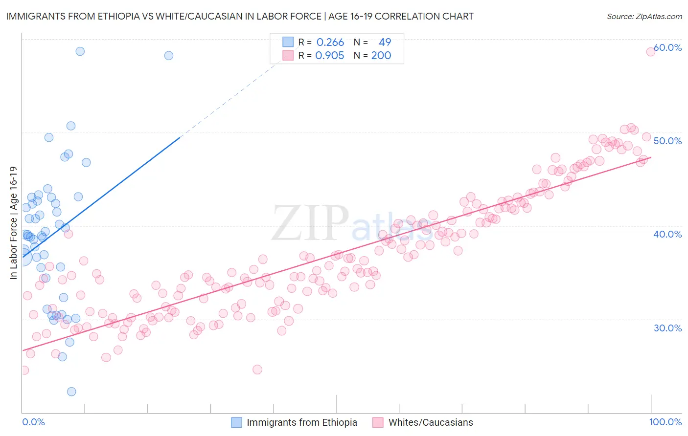 Immigrants from Ethiopia vs White/Caucasian In Labor Force | Age 16-19