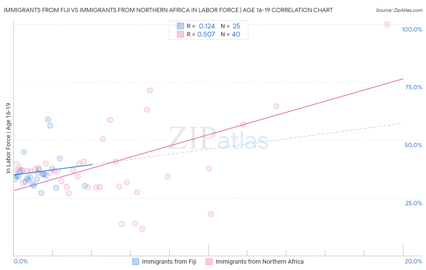 Immigrants from Fiji vs Immigrants from Northern Africa In Labor Force | Age 16-19